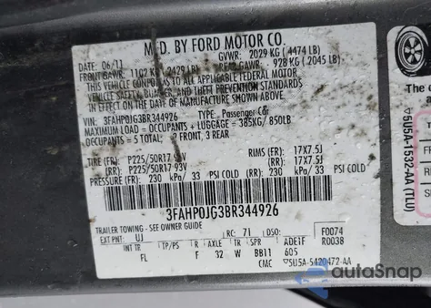 2011 Ford Fusion Sel z USA, uszkodzony, nr VIN 3FAHP0JG3BR344926
